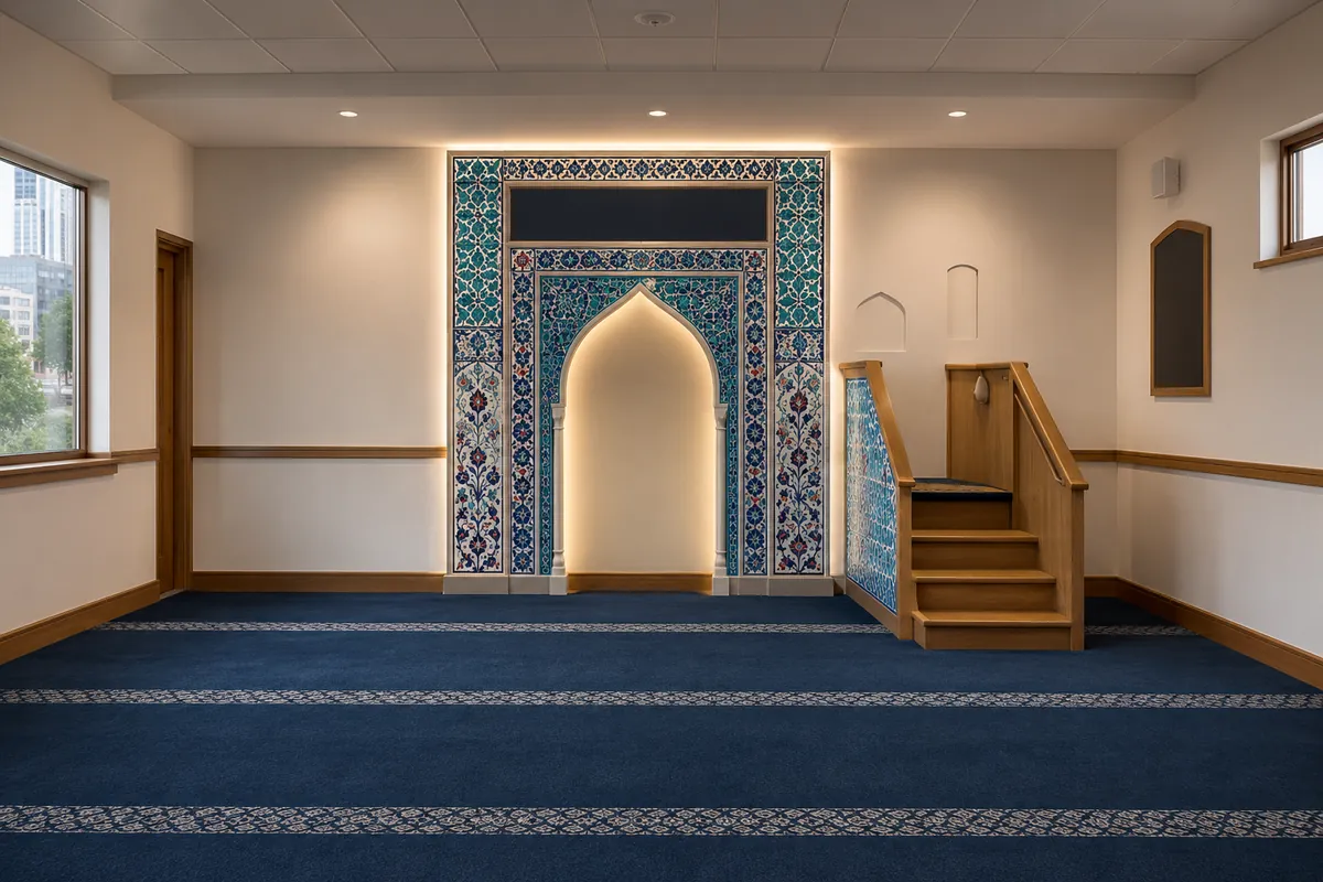 Light Iznik portal concept: tiled arch portal with light wood panelling and timber minbar