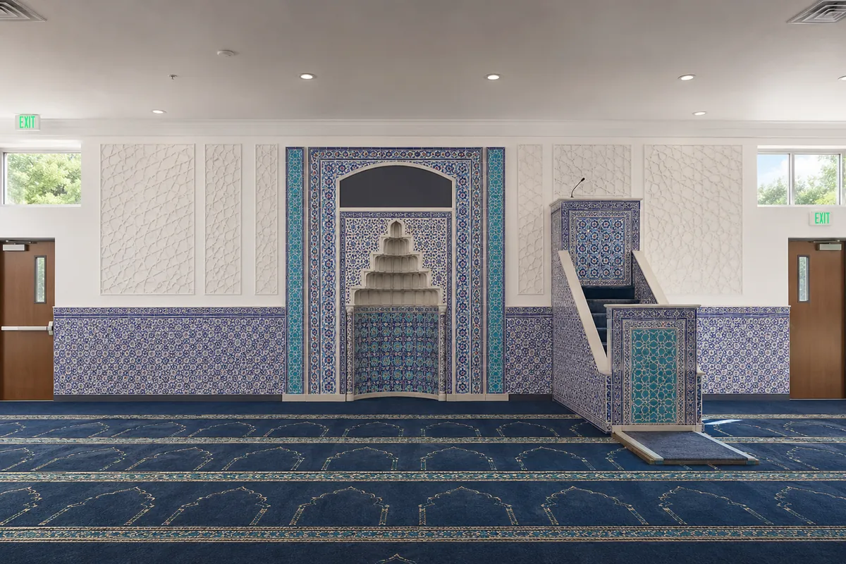Blue and white wall concept: full blue-and-white tiled wall with stepped minbar