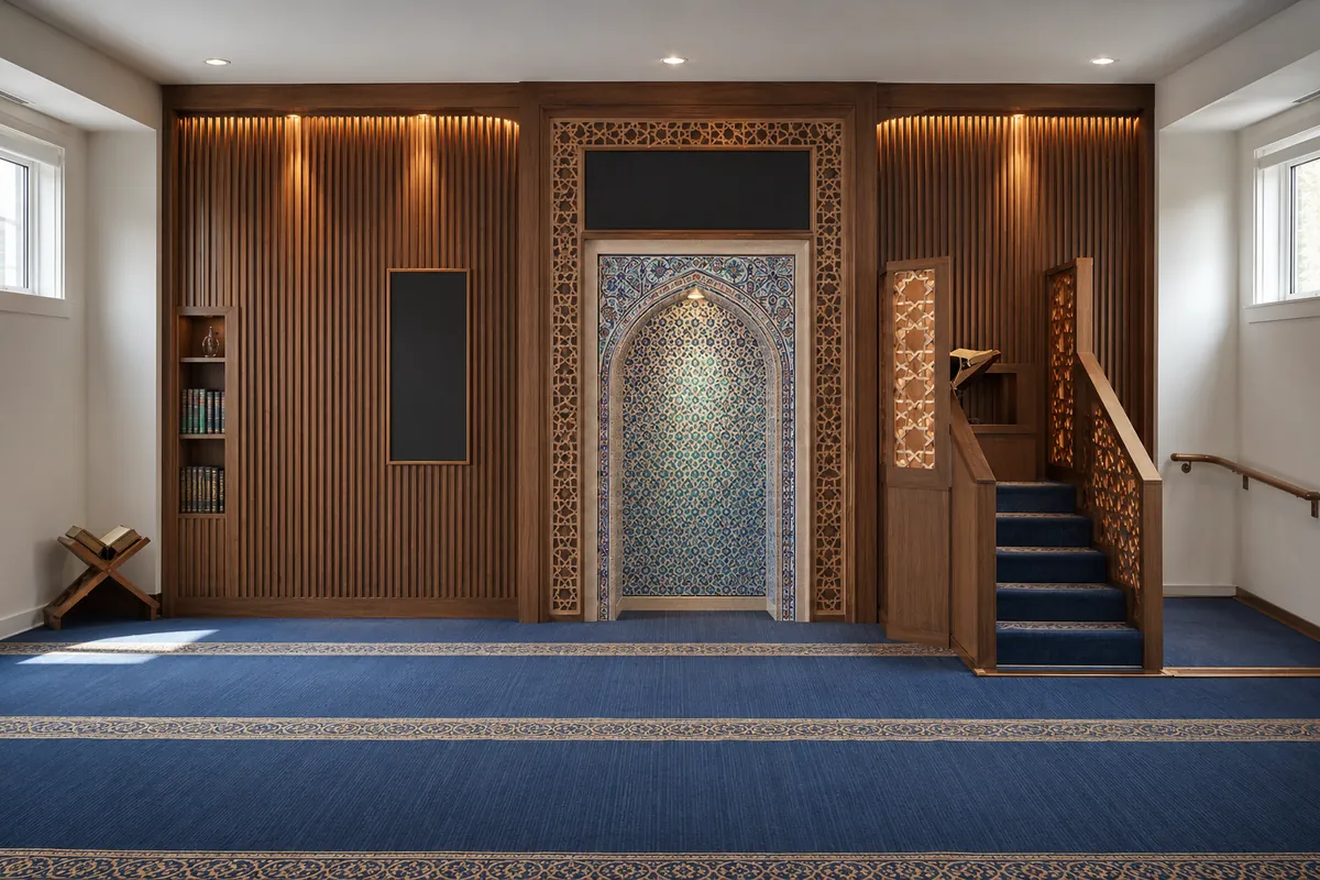Anatolian wood and tile concept: vertical timber slat wall with carved tile niche