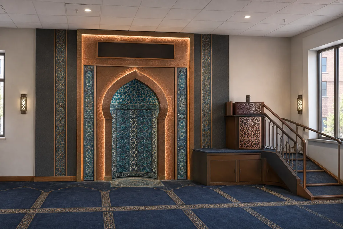 Copper hearth glow concept: copper-framed mihrab arch with warm backlight