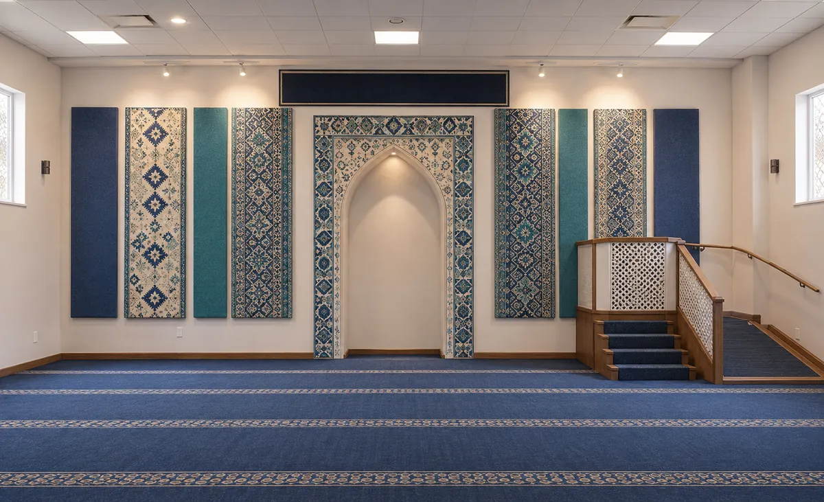 Textile and acoustic concept: vertical patterned acoustic panels flanking the mihrab