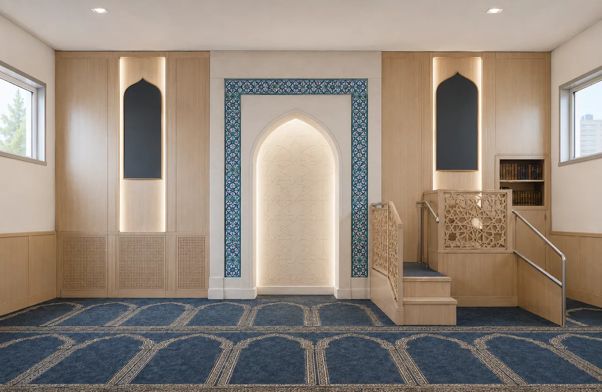 Denver light and geometry concept: tiled portal with timber lattice screen and daylight